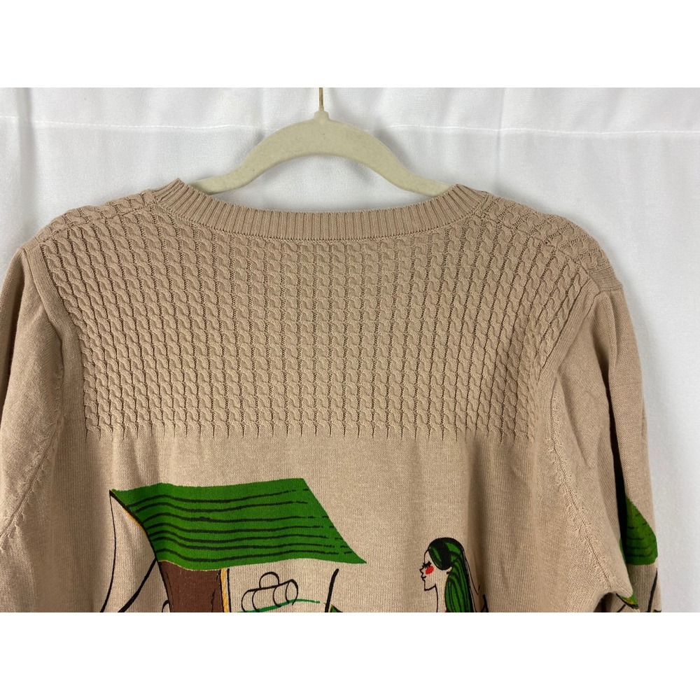 Womens Beige Shopping Scene Graphic Knit Sweater Long Sleeve Crew Neck - Picture 13 of 15